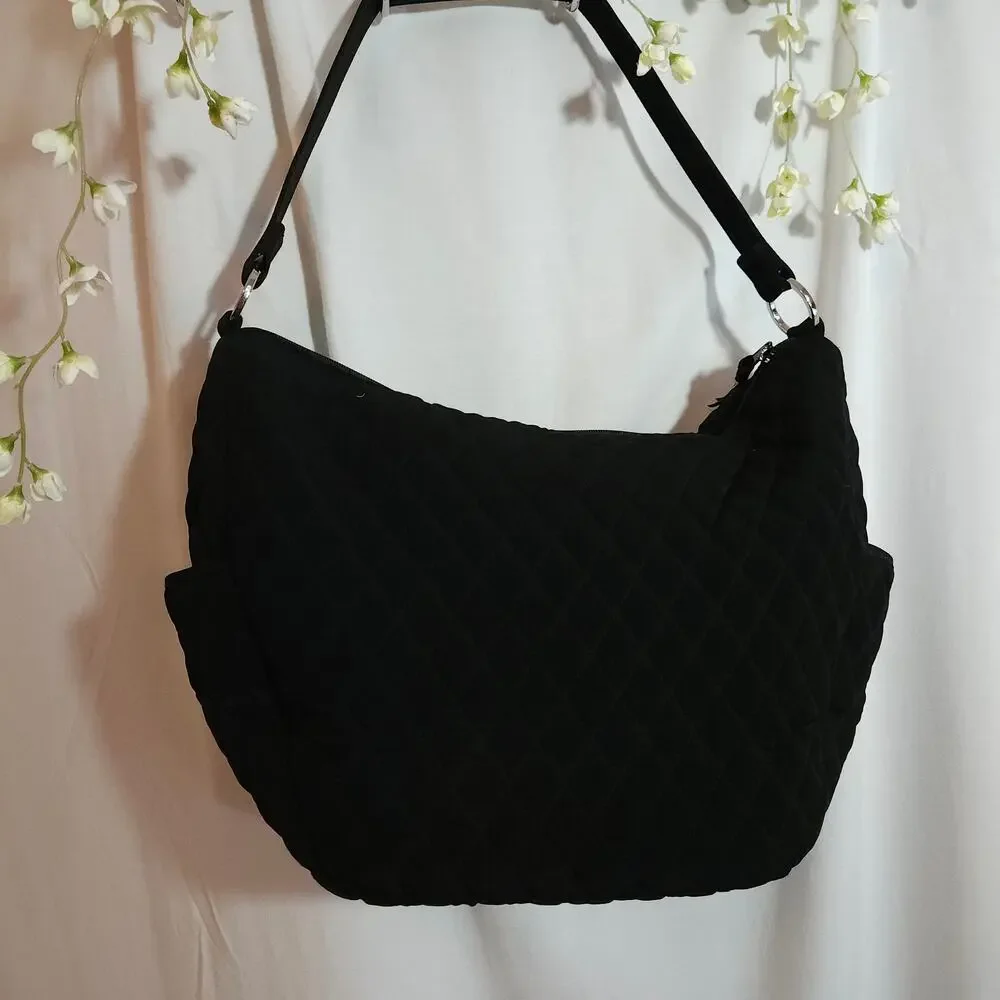 Vera Bradley Black Quilted Hobo Shoulder Bag Rose Floral Lining
